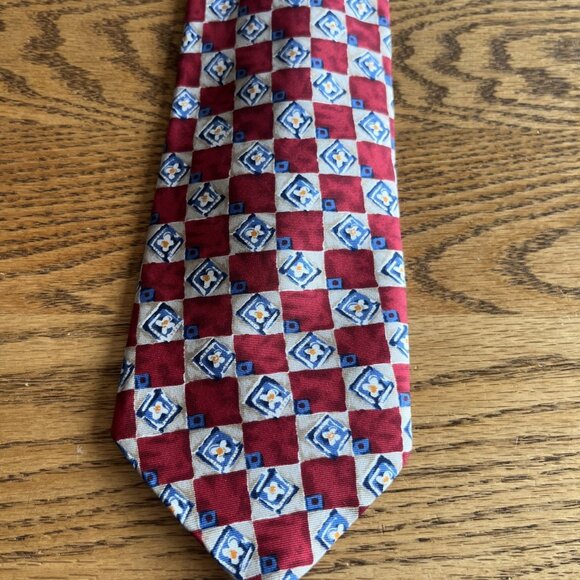 St. Michael Marks & Spencer Silk Tie Made In England Red Blue Floral Geometric - Picture 1 of 7